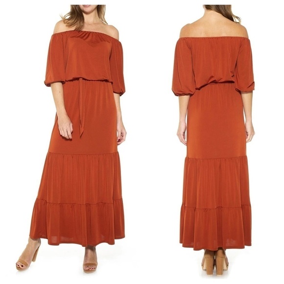 Alexia Admor Dress Women Small Brown Off The Shoulder Maxi Tiered Cocktail Party - Picture 1 of 16